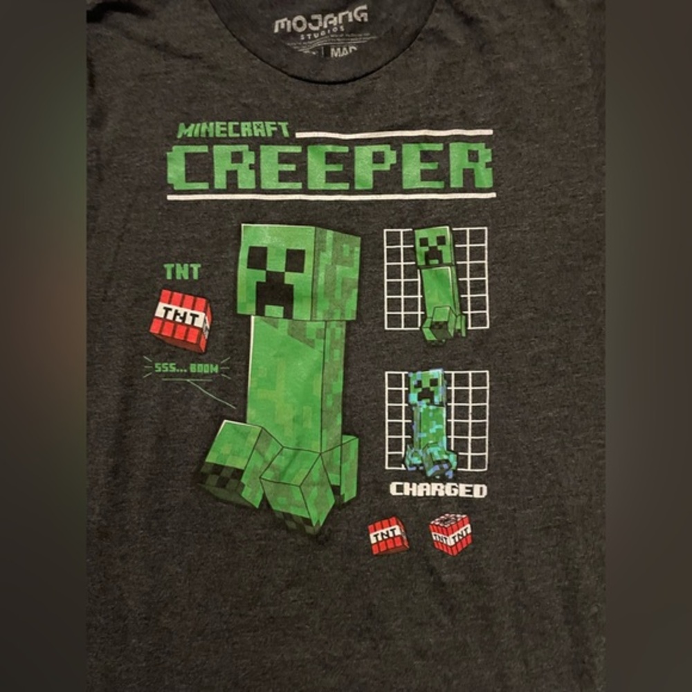 Mojang Minecraft Creeper TNT Graphic T-Shirt Youth Boys Kids Size XL Gray Green - Picture 2 of 4